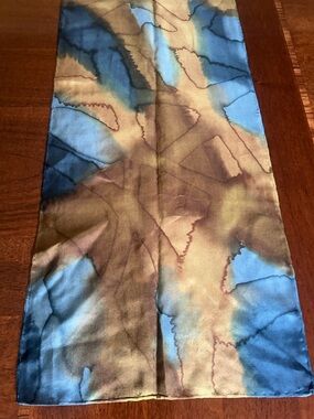Blue and Brown Abstract Silk Scarf hand rolled 11“ x 57“ probably silk